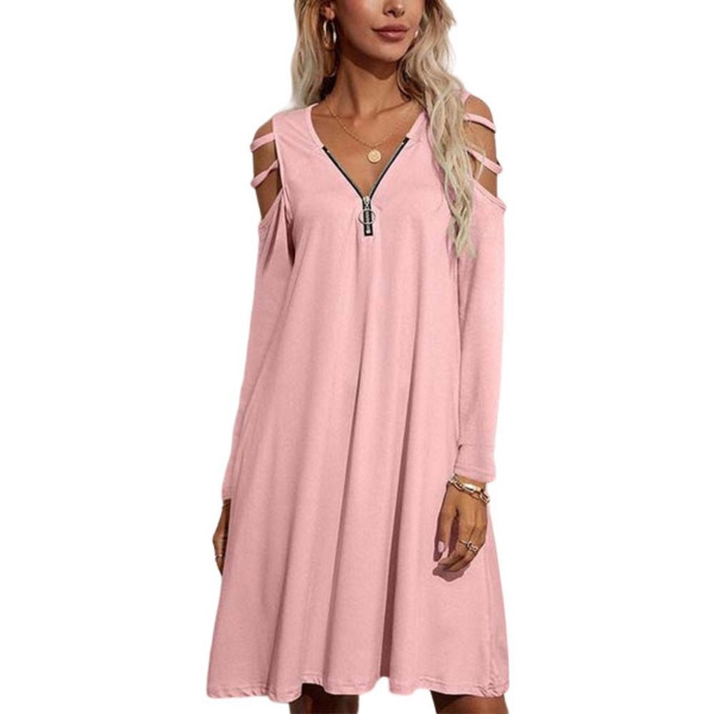 Vrkufie Pink Zipper V Neck Cutout Long Sleeve Shift Dress Size M